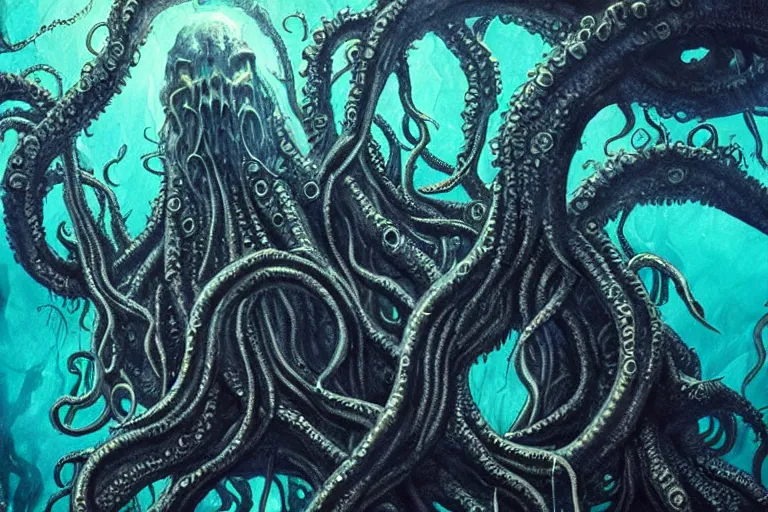 Image similar to old god eldritch horror terrifying the deep abyss of the ocean floor, epic scene, underwater photography, hyper - detailed, gigantic cthulhu, swarm of tentacles, dark art, watercolor paint, epic composition