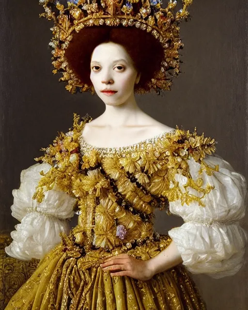 Prompt: baroque hibiscus queen, beauty portrait, intricate background, tiara, by karl spitzweg, alexi zaitsev, jean francois millet, jan van eyck. elegant, masterpiece