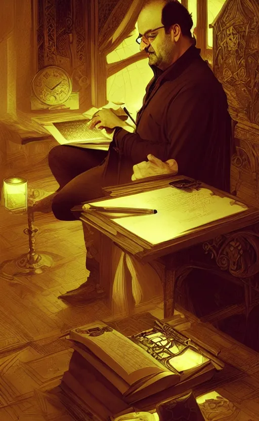 Image similar to portrait of salman rushdie writing in the dark, deep focus, d & d, fantasy, intricate, elegant, highly detailed, digital painting, artstation, concept art, matte, sharp focus, illustration, art by artgerm and greg rutkowski and alphonse mucha