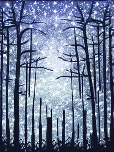 Prompt: wrought silver forest under a moonlit star filled sky filled with fireflies