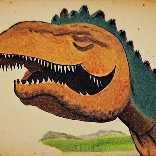 Prompt: 1940s children's book illustration of a Tyrannosaurus rex