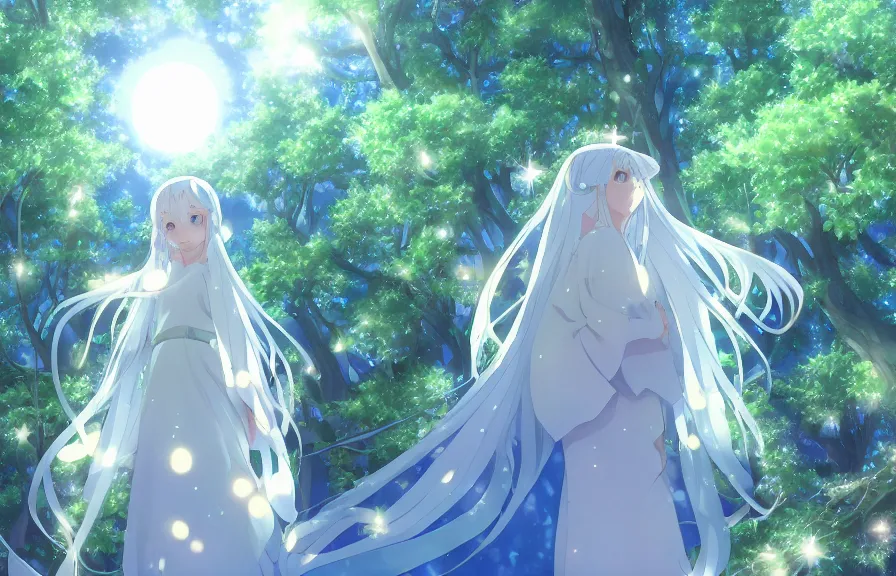 Image similar to Illyasviel holding floating green crystal | ghibli clover | Big Moon at Blue Night | Trees with white flowers | bioluminescent blue FLOWERS | strong blue rimlit | visual-key | anime illustration | highly detailed High resolution | Light Novel | Visual Novel | Gosick