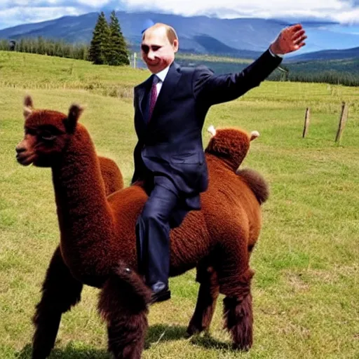 Image similar to vladimir putin riding a cute alpaca, epic shot