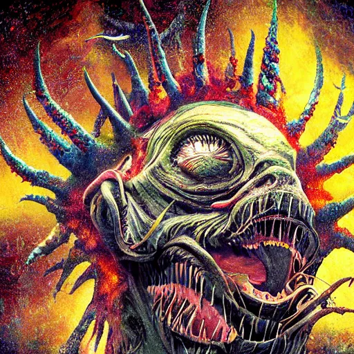 Image similar to a high hyper detailed painting with complex and striking textures of a horrible and psychotic monstrous head with an open mouth, pointed teeth and several eyes, from its mouth come out several monsters and deformed beings running and screaming, cosmic horror psychedelic magical realism octane render bizarre art, conceptual art