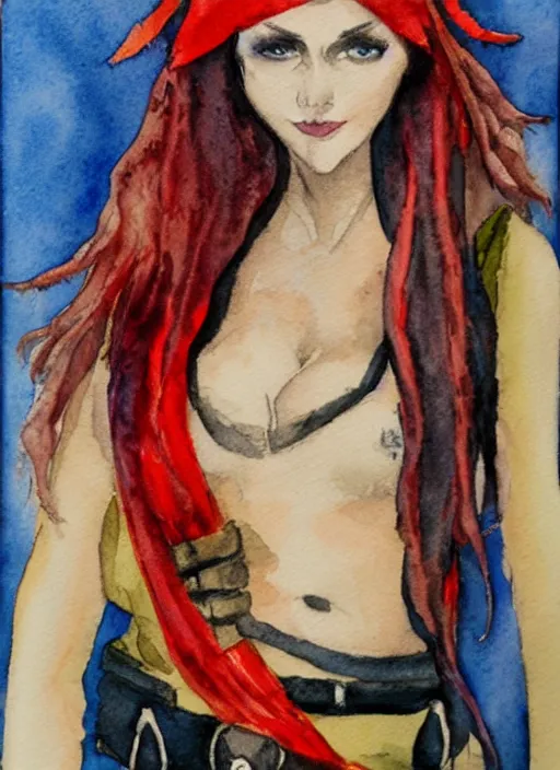 Prompt: watercolor of a woman wearing a pirate costume, featured on deviantart