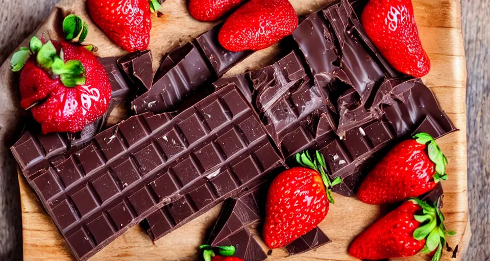 Image similar to An unwrapped gourmet dark chocolate bar, next to sliced strawberries, on a wooden tray, macro lens product photo