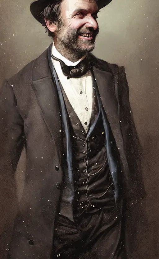 Image similar to portrait of a smiling victorian man wearing a waistcoat, happy, detailed face, victorian, highly detailed, cinematic lighting, digital art painting by greg rutkowski