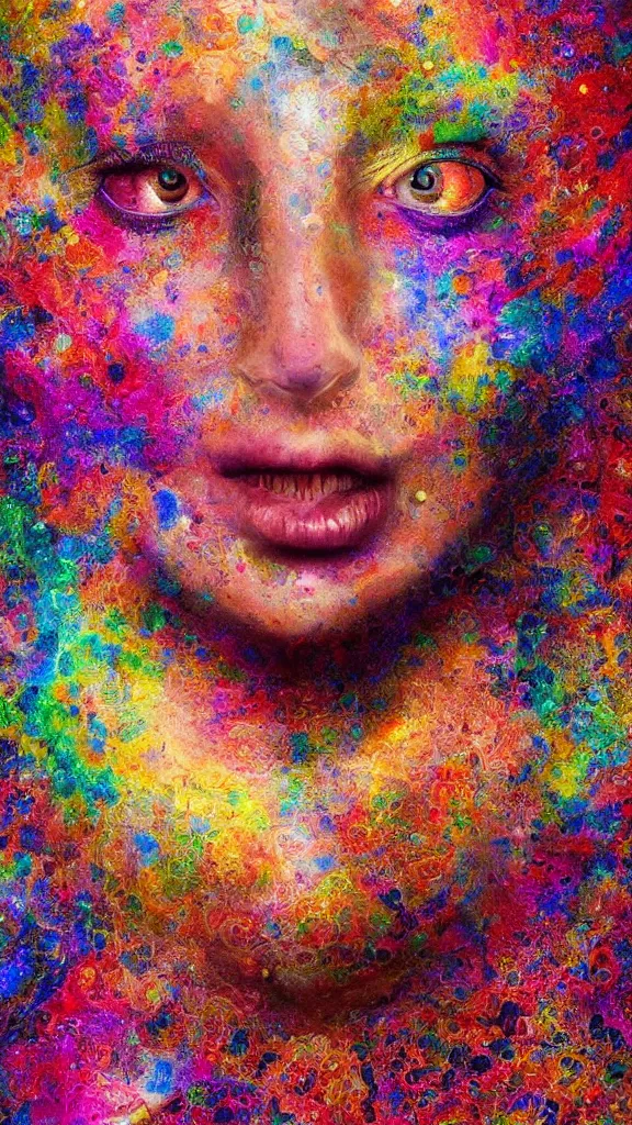 Image similar to hyperrealistic abstract close-up female! portrait Renaissance psychedelic!! celestial happy! pure creature!! peaceful! kind spirit of nature! beautiful fractal!! eyes! highly detailed concept art eric zener elson peter cinematic hard rainbow lighting high angle hd 8k sharp shallow depth of field endless, inspired by Zdzisław Beksiński Salvador Dali