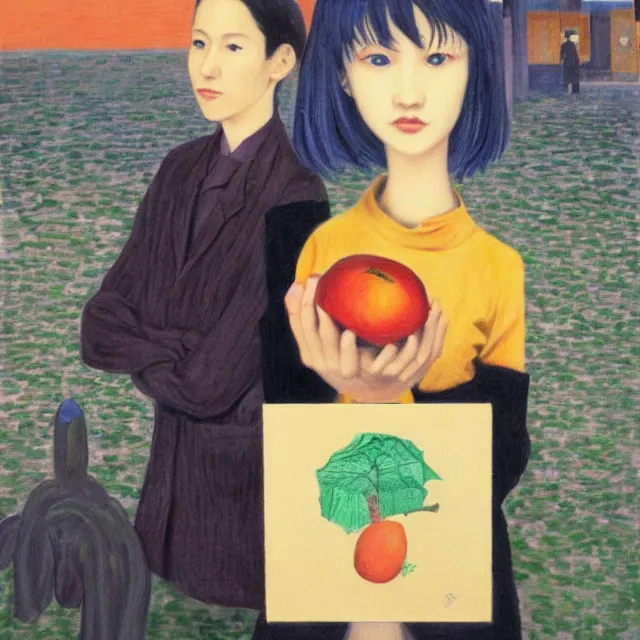 Image similar to tall emo girl artist holding small portraits and a persimmon, on shinkansen in tokyo, shinagawa station, pigs, octopus, acrylic on canvas, surrealist, by magritte and monet