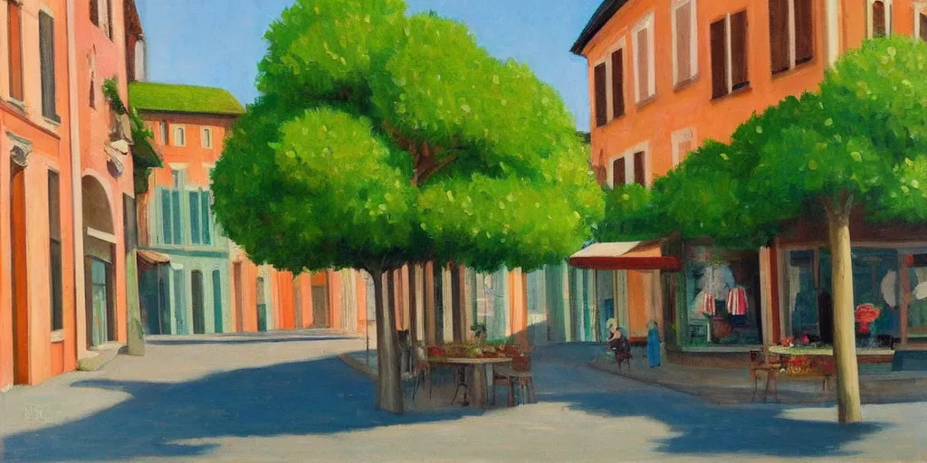 Prompt: calm italian street with green trees and icecream shop in the style of Edward Hopper