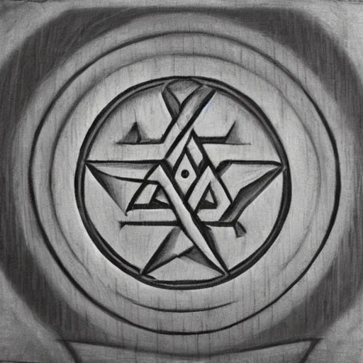 Image similar to evil occult symbol carved in a white canvas, charcoal