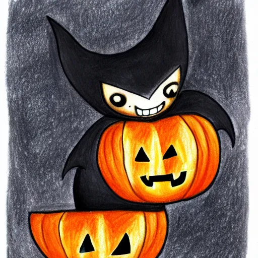 Image similar to drawing of a cute kawaii bat carrying a pumpkin marker on whiteboard