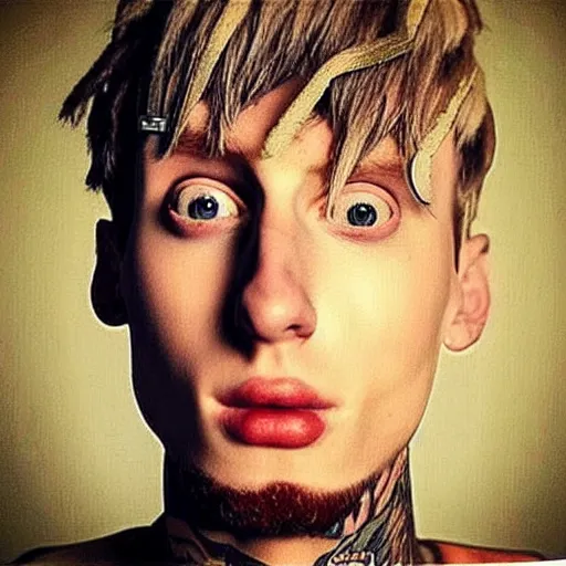 Image similar to “a realistic detailed photo of a guy who is an attractive humanoid who is half robot and half humanoid, who is a male android, rapper Machine Gun Kelly, shiny skin, posing like a statue, blank stare”