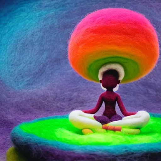 Image similar to a black girl with colorful dreadlocks and big beautiful eyes meditating in a rainbow magic mushroom zen garden, bokeh, bright colors, synthwave, watercolor, volumetric wool felting, felt, macro photography, children illustration, by goro fujita