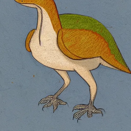 Prompt: professional vintage colored sketch of a feathered dinosaur with full descriptions, on parchment, 8K, HD, highly detailed, high quality