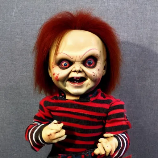 Image similar to Chucky the killer doll for sale at a horror convention