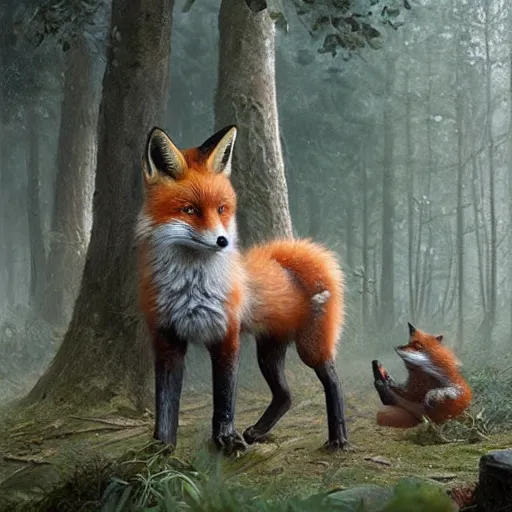 Prompt: Fox ornate playing in the woodlands by Greg rutkowski, detailed,highly detailed, 8k,digital art