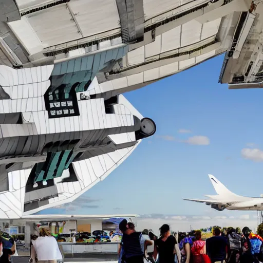 Prompt: photo of minimalist abstract cubist sculpture of curvy spaceship with random small mecha mayan decorations, covered with few large white airplane parts with windows and doors, with people visiting - w 6 4 0