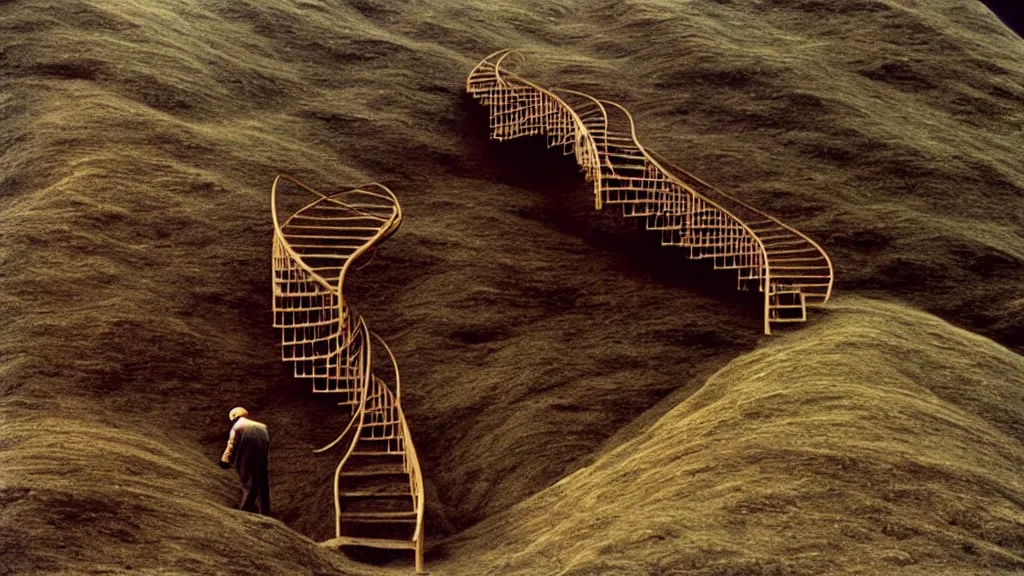 Image similar to a man building a winding staircase as he walks up it, film still from the movie directed by wes anderson with art direction by zdzisław beksinski and m. c. escher, wide lens