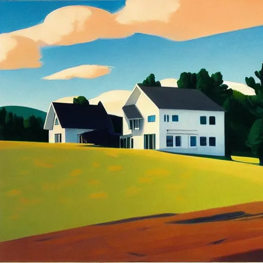 Image similar to dreaming futuristic rural landscape with modern houses, painted by Alex Katz and Edward Hopper, airbrush, highly detailed