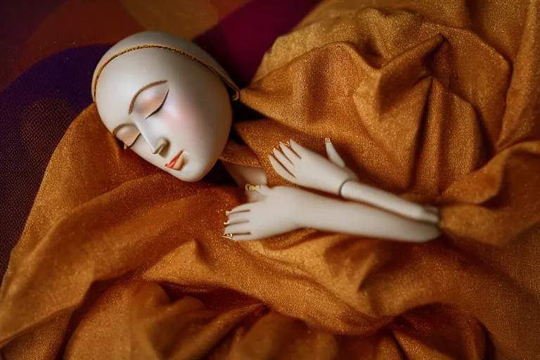 Image similar to 2 8 mm lens wide angle full body photograph of a beautiful female jointed wooden art doll, asleep, by raphael, by agostino arrivabene, soft light, crying, sadness, in the rain, bokeh