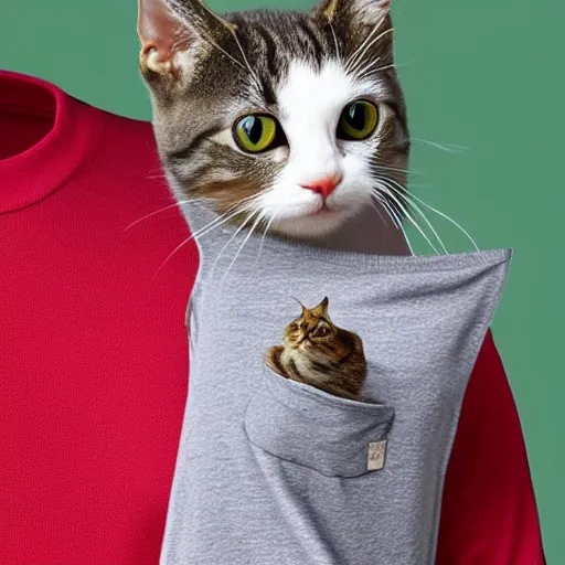 Prompt: cute cat in the pocket of a tshirt