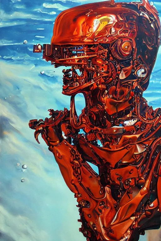 Prompt: oil painting, close-up, hight detailed, melting cyborg at red planet, in style of 80s sci-fi art