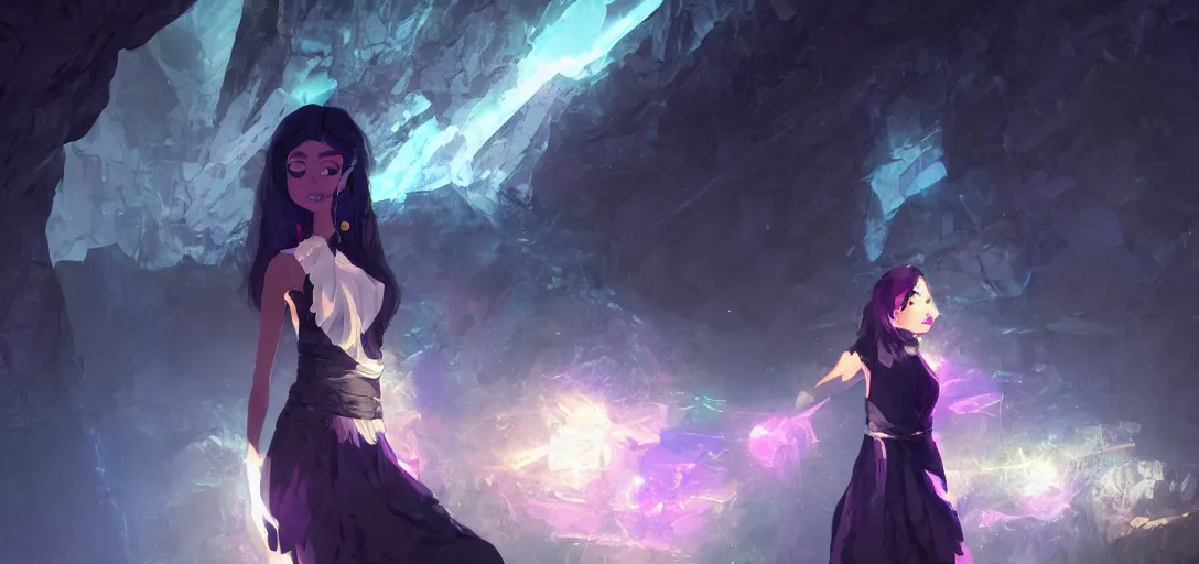 Image similar to Full body portrait of a Himalayan woman in a sleeveless dress,exploring a long sci fi cave with glowing crystals, dark colors, ominous, somber, detailed, by Studio trigger, wojtek fus, by Makoto Shinkai and Ilya Kuvshinov