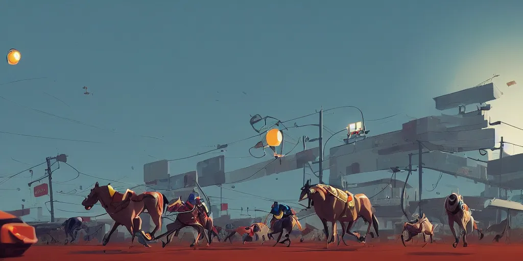 Prompt: Horse Racing by Goro Fujita and Simon Stalenhag , 8k, trending on artstation, hyper detailed, cinematic