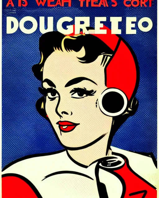 Image similar to a 1950's propaganda poster of a beautiful woman in a flight suit by Roy Lichtenstein