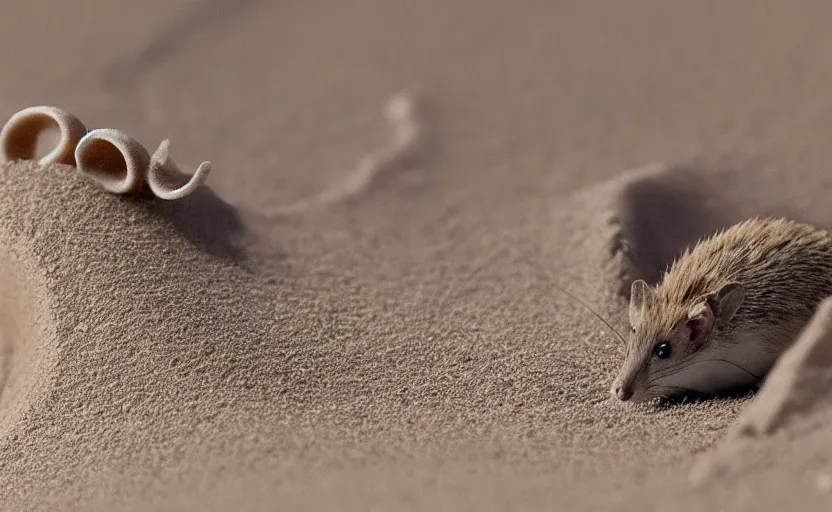 Image similar to on the dune of arrakis we see a close up of a tiny fremen desert mouse character steering a giant sandworm, blender animation, macro focus, hero shot and dramatic angles,