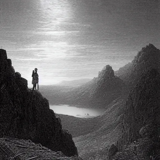 Prompt: A wanderer on a mountain, montaintop, georgeous view, distant forest, distant city, distant glow, night, moon, dramatic light, Chiaroscuro, long shadows, dark, masterpiece, high detail, detailed, illustration by Paul Gustave Doré