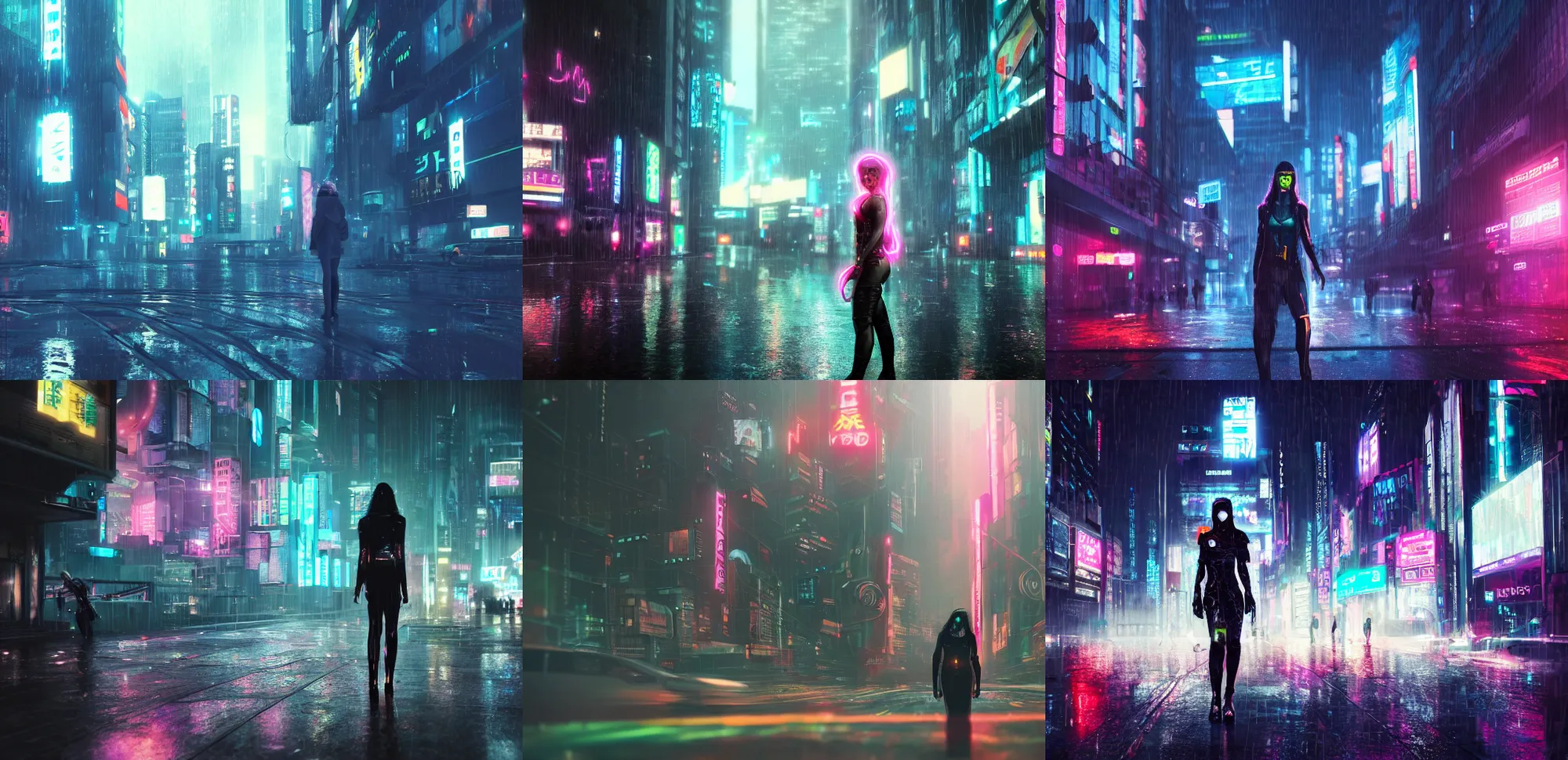 Prompt: a cyberpunk woman in a bustling neon dystopian city, rainy night, realistic, highly detailed digital art, 8k Octane