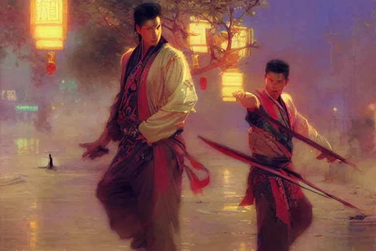 Image similar to wuxia, summer, attractive male, neon light, painting by gaston bussiere, craig mullins, j. c. leyendecker