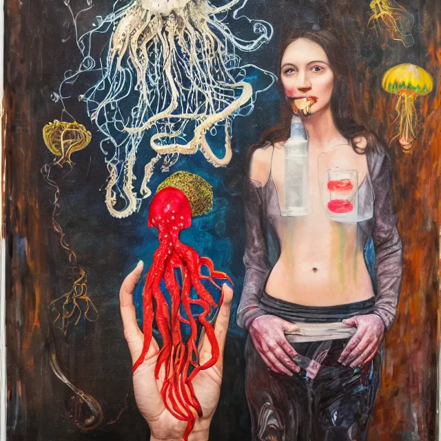 Prompt: a portrait in a dark apartment, a female art student holding an octopus, jellyfish, milk puddles, berries, scientific glassware, neo - expressionism, surrealism, acrylic and spray paint and oilstick on canvas