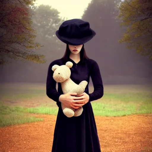 Image similar to a girl standing in a park, alone, wearing black dress and hat, holding teddy bear, detailed hands, by andrea kowch, dark, scene, magic realism