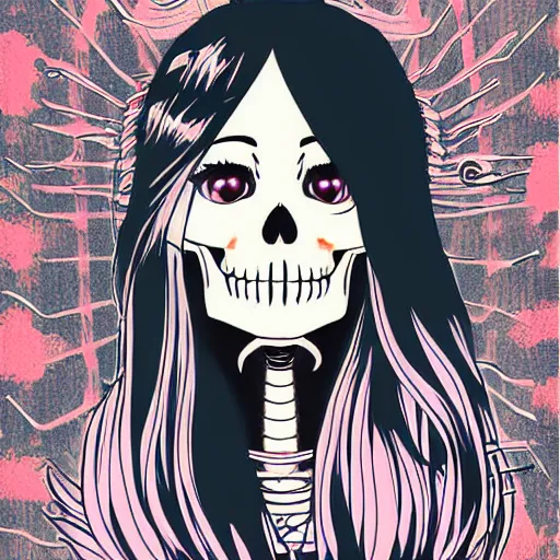 Image similar to anime manga skull portrait young woman hair fairytale comic skeleton illustration style by Trevor brown warhol pop art nouveau