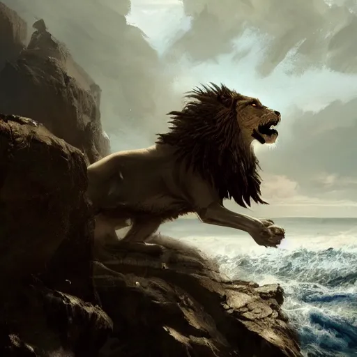 Prompt: A giant winged lion rising up out of a turbulent sea near a rocky shore, by Craig Mullins, very detailed, realistic, epic concept art, light, light Rays, cinematic stormy sky, trending on artstation, epic cinematography, epic composition
