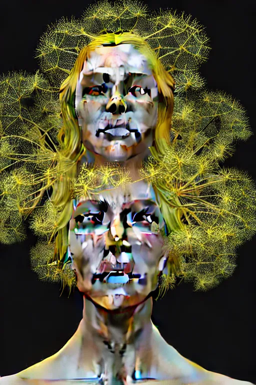 Image similar to intricate hyper detailed ultra sharp 3 d render of a witch profile portrait, 1 5 0 mm art nouveau, haute couture alexander mcqueen leaves stems, unsplash model transparent fractal dandelion yellow pistil filigree roots, intricate details, human face, facial features, elegant, hyper realistic, ultra detailed, octane render, volumetric cinematic lighting, 8 k post - production