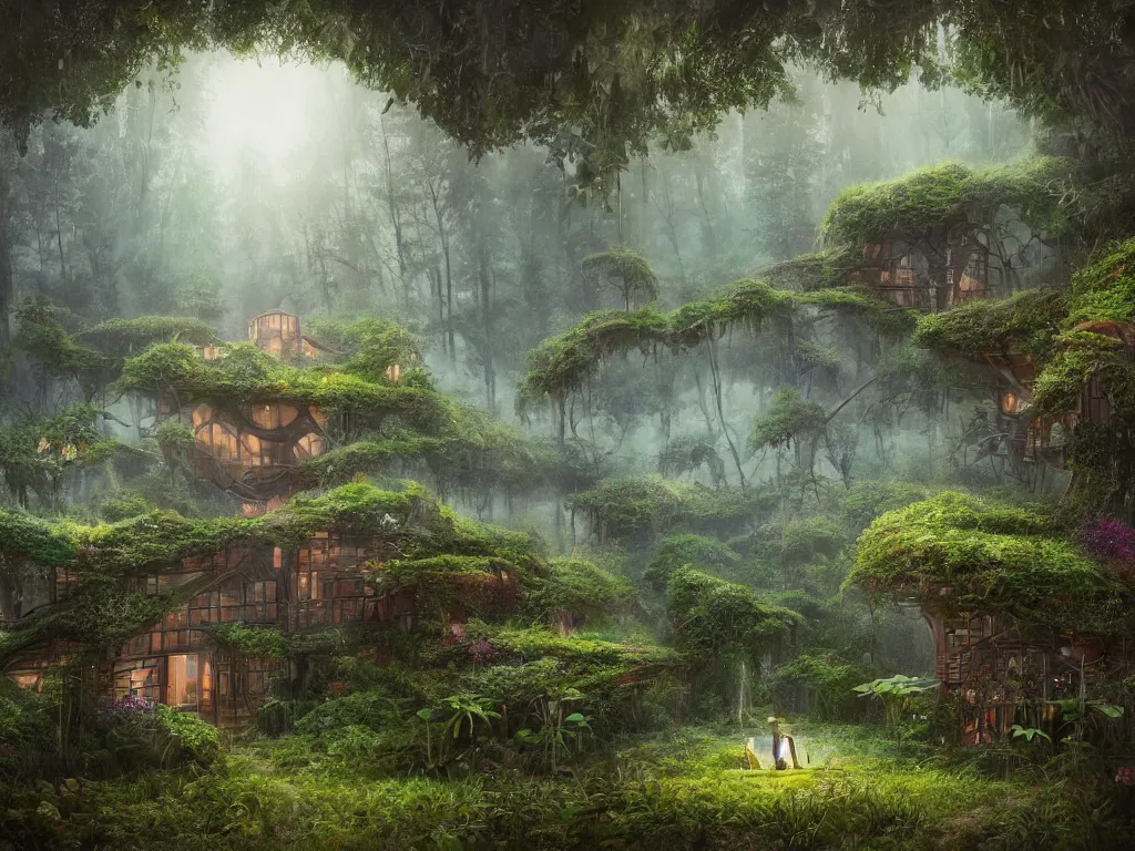 Image similar to beautiful organic house made of imaginary plants in a forest, architectural render, futuresynth, chillwave, by Gabriel Dawe, by Skottie Young, by Jessica Rossier, vegetal architecture, by moebius, by Isaac Cordal, night, mist, lights, junglepunk, blender, trending on artstation