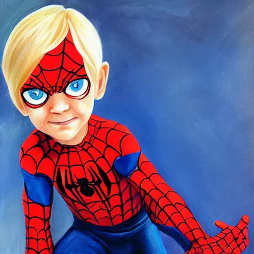 Prompt: a cute seven year old boy with tousled blonde hair and blue eyes dressed as spider - man without the mask, beautiful painting by magali villanueve and raymond swanland