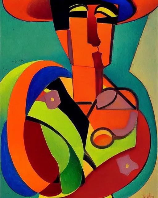 Prompt: a painting of a woman wearing a hat, an art deco painting by auguste herbin, featured on deviantart, qajar art, fauvism, art deco, egyptian art