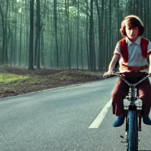 Image similar to eleven from stranger things riding a bike