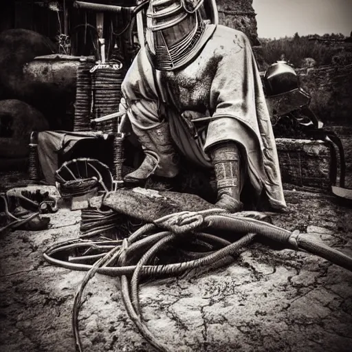 Image similar to wise angle photo of viking in armor working on the mechanical ancient device, tools and junk on the ground,wires and lights, old village in the distance, vintage old photo, black and white, sepia