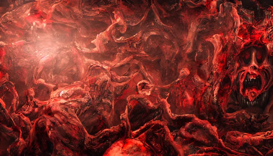 Prompt: a beautiful high - quality photo of an entity of blood devastating a gory marble city, devouring happiness and souls, body horror, cosmic horror, volumetric lighting, hyperrealistic, very detailed, 8 k