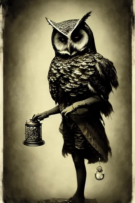 Image similar to wet plate photograph of an anthropomorphic owl dressed in victorian - era clothing, dramatic lighting, highly detailed, digital painting, artstation, concept art, smooth, sharp focus, illustration, art by wlop, mars ravelo and greg rutkowski