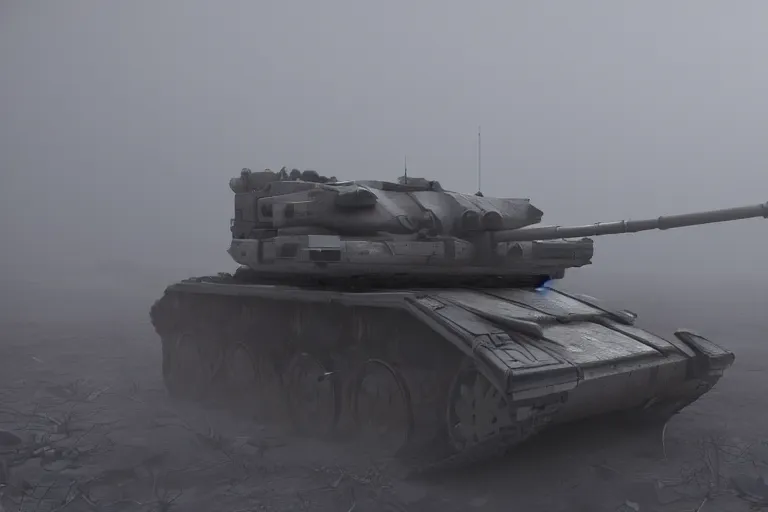 Image similar to sci fi battle tank, battle, fog, highly detailed, cinematic, dramatic lighting, 8 k
