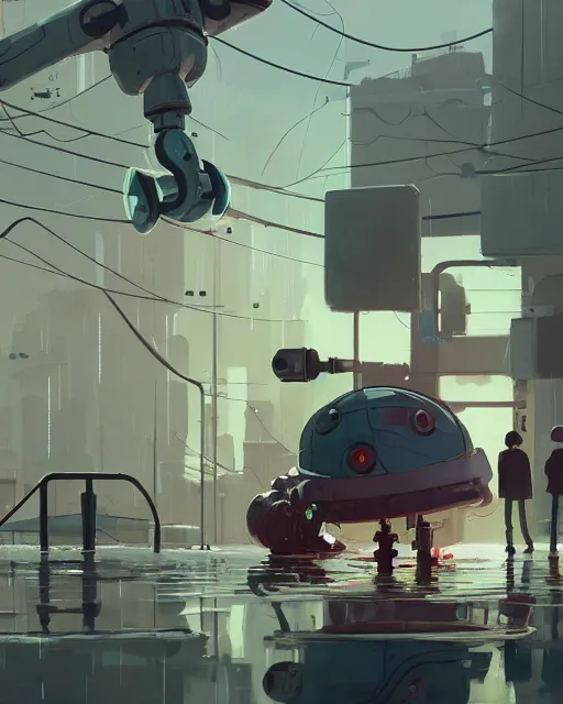 Image similar to a robot half sunken in a puddle, cory loftis, james gilleard, atey ghailan, makoto shinkai, goro fujita, character art, exquisite lighting, clear focus, very coherent, plain background, soft painting