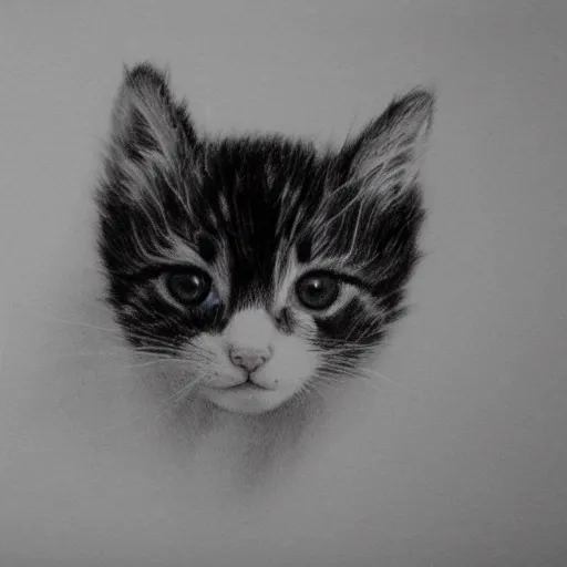 Prompt: black and white marker drawing of a baby kitten, floating head, white background