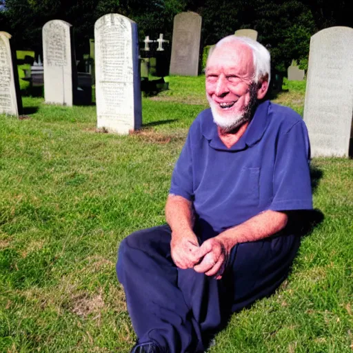 Image similar to a smiling old man in a graveyard